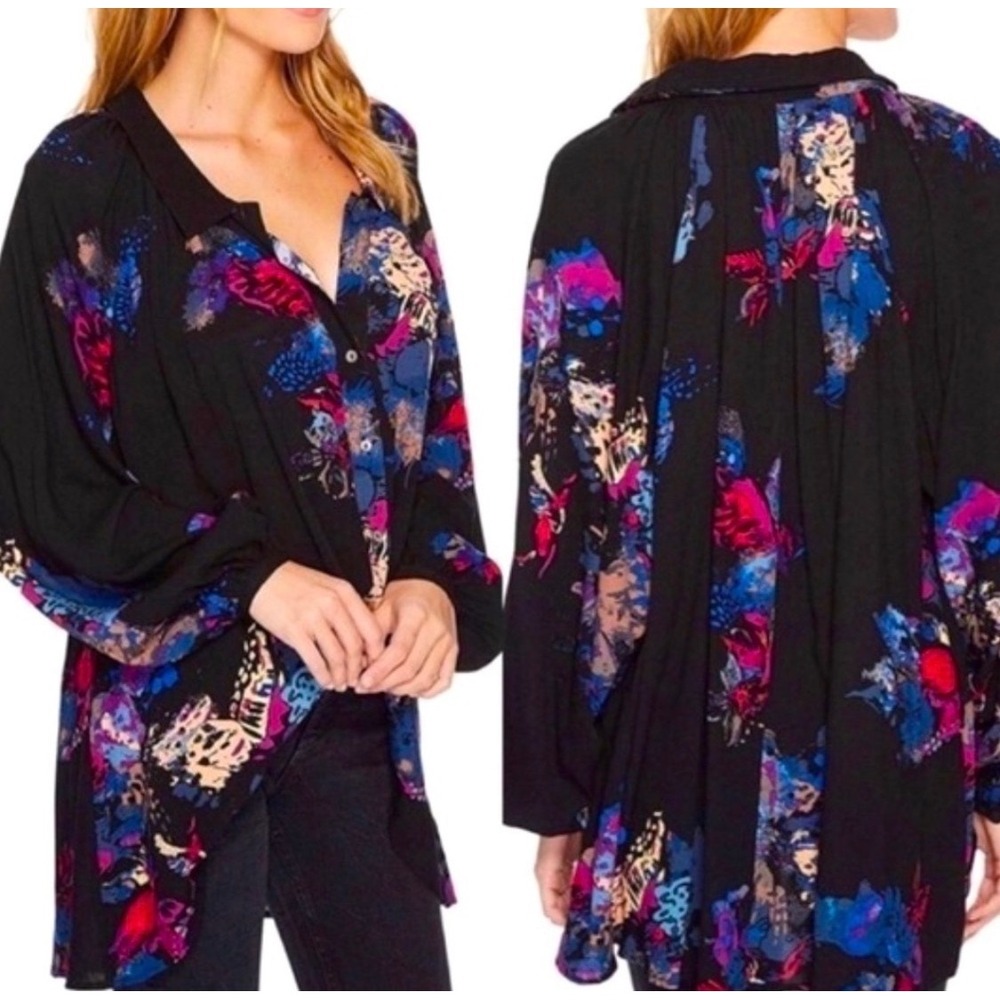 Free People Meadow Lark Tunic Top‎ Small Black Floral Boho Oversized Button Down